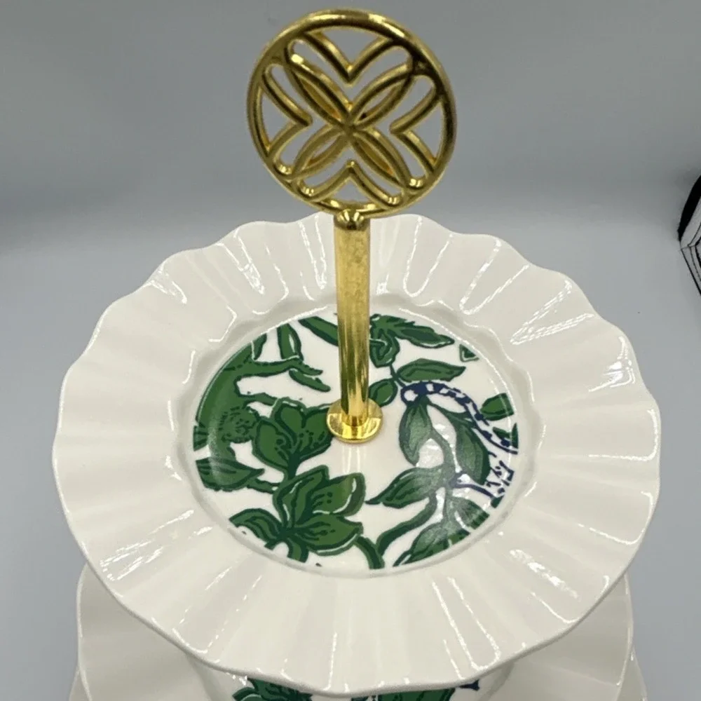 Lilly Pulitzer Three-Tier Ceramic Cake Stand, Green Pattern, Gold Handle, Round